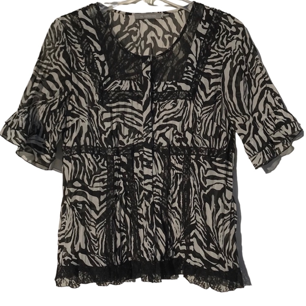 NY Collection Sheer Lace Animal Print Crinkle Blouse Medium